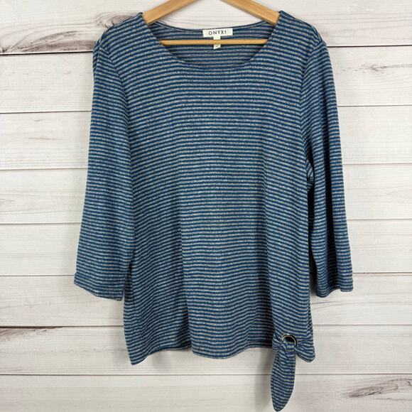 Women's ONYX Moda Blue Gray Striped Quarter Sleeve Tie Knot Blouse Size XL - Picture 2 of 7